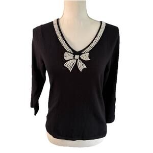 Retro Pink Poodle Black Sweater Bow Bead small Applique Pearl 3/4 Sleeve